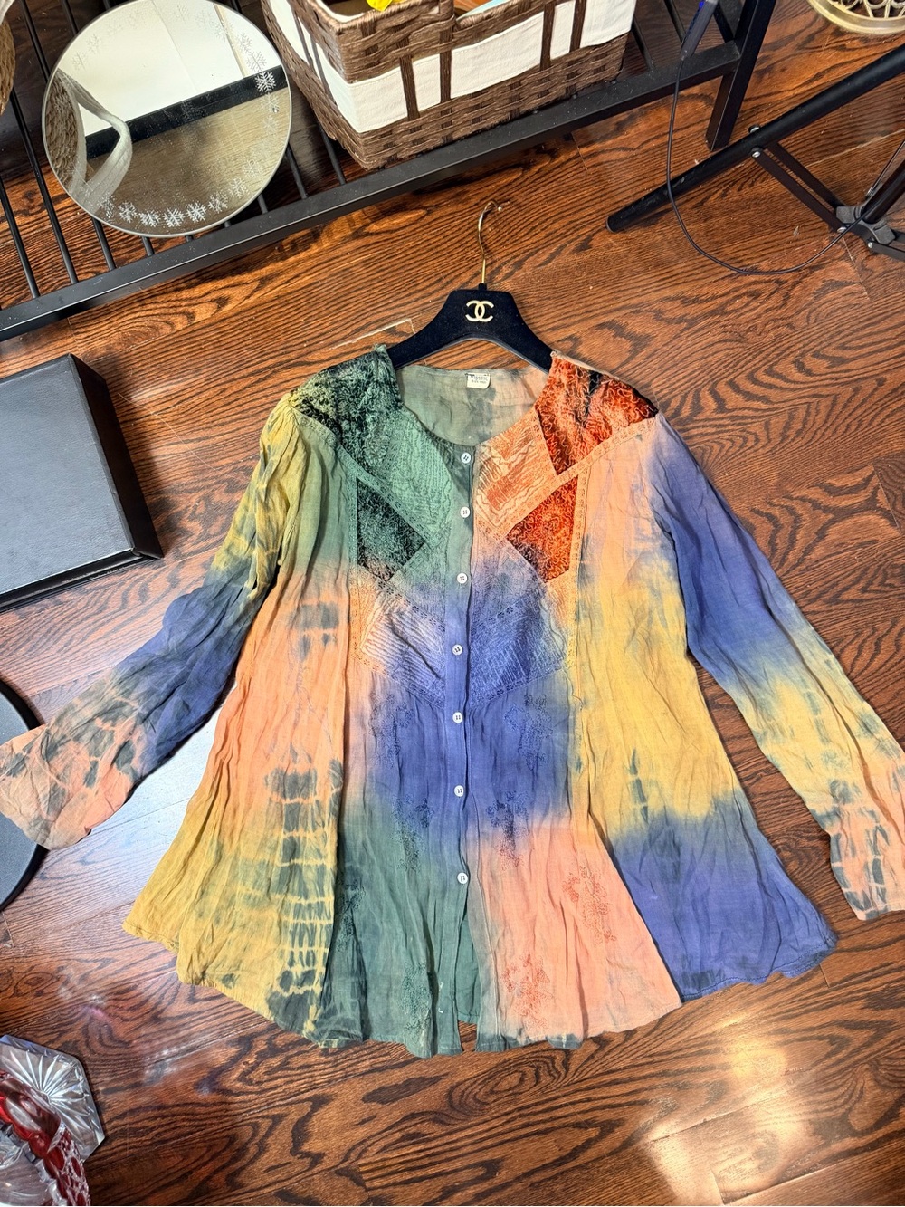 Vintage Boho Viscose tie dye mini tunic Top velveteen embroidered Top one Size